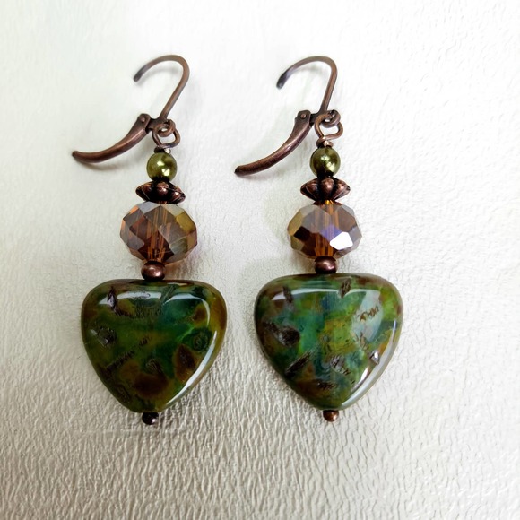 Earthy Green Triangle Earrings, Handmade - Picture 4 of 9